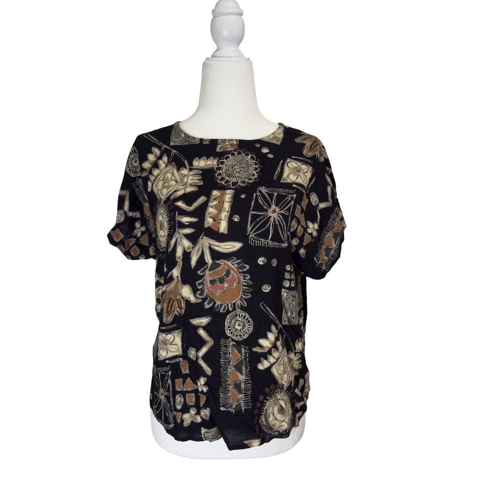 Vintage Just For Petites Abstract Tribal Print Rayon Blouse USA Made Size SP